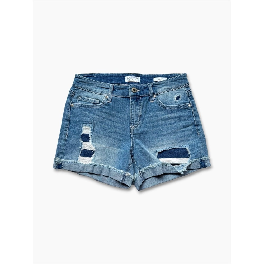 Sofia Jeans by Sofia Vergara Distressed Denim Shorts Blue 2 Mid Rise Patched